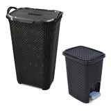 Kit Cesto Organizador Multiuso 50l + Lixeira Pedal Rattan 7l