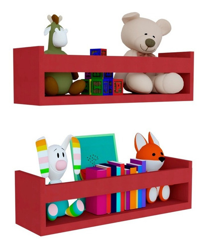 Kit 2 Prateleira 50cm Vermelho Livro Revista Infantil Mdf