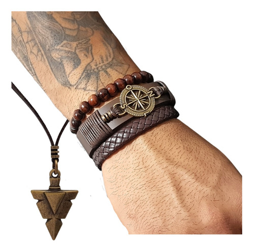 Colar Masculino Cordão Duplo + Pulseiras Masculinas Bússola