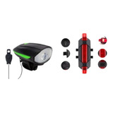 Combo Bici Luz Linterna Delantera Bocina + Luz Trasera Rec Color Negro Con Verde