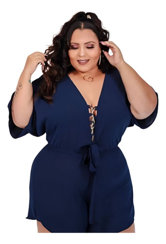 Macaquinho Feminino Curto Plus Size Viscose Decote Corrente