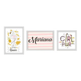 Composição 3 Quadro C/ Moldura Quarto Infantil Menina Frases