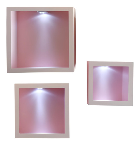 Trio Nicho Quadrado Rosa Bebê S/p Mdf C/led P/quarto De Bebê