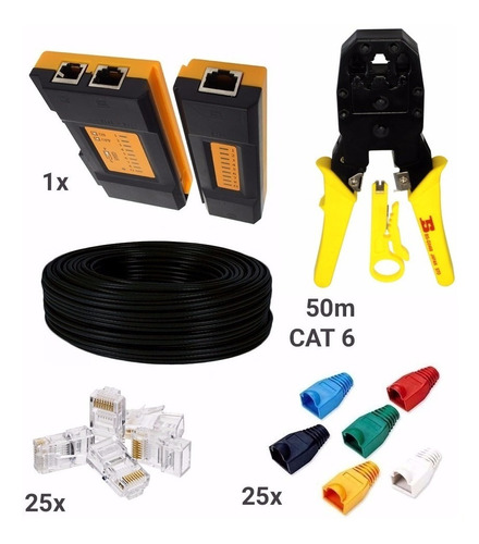 Kit 5-1  50m Utp Cat6 Ponchadora Tester 25 Rj45 25 Botas