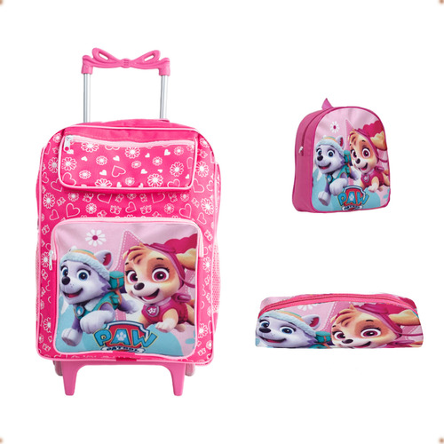 Kit Mochila Escolar Estojo Lancheira Infantil Grande Rodinha