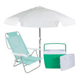 Kit Cooler 36l Verde +cadeira De Praia 6 Posições+guarda-sol