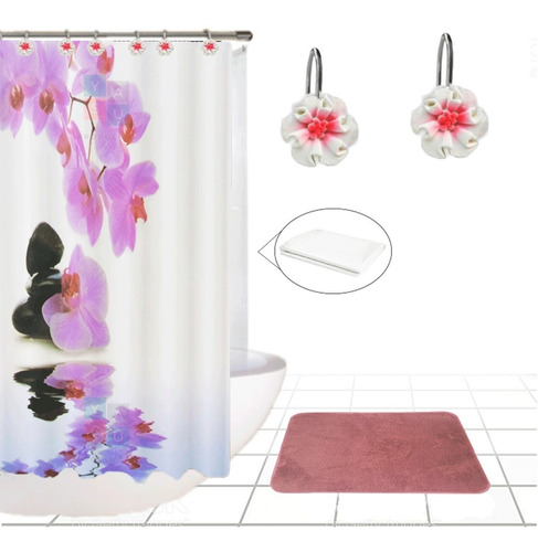 Cortina De Baño Tela + Protector + Ganchos + Alfombra Flores