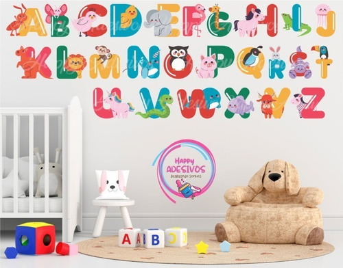 Adesivo Papel De Parede Infantil Alfabeto Animais Letras Abc
