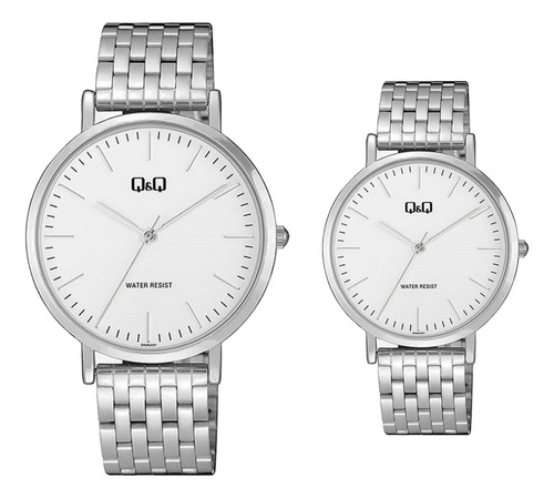 Relojes Pareja Duo Qyq Acero Quartz Q&q Plateado + Estuche