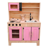 Mini Cozinha Infantil Brinquedo Madeira Pinus - Portas Rosa
