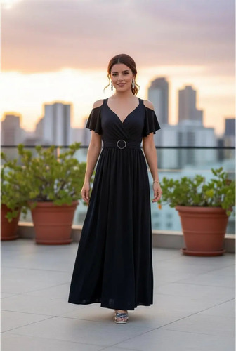 Maxi Vestido Para Dama Tela Brush Hombro Descubierto Casual