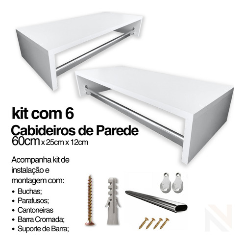 Kit 6 Cabideiro Suspenso Mancebo De Parede Em Mdf Branco 