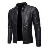 Chaqueta De Cuero Para Hombre, Motociclista, Cuello Alto