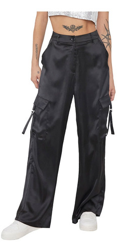 Pantalón Mujer Cargo Satín Negro Corona