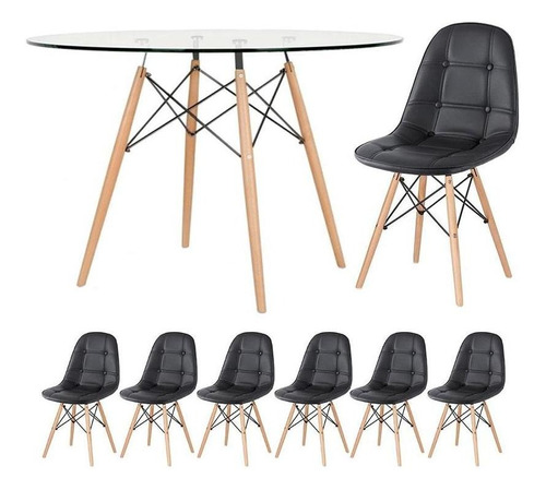 Kit Jantar Eames Mesa Eiffel 120 Cm Vidro 6 Cadeiras Botonê Cor Preto