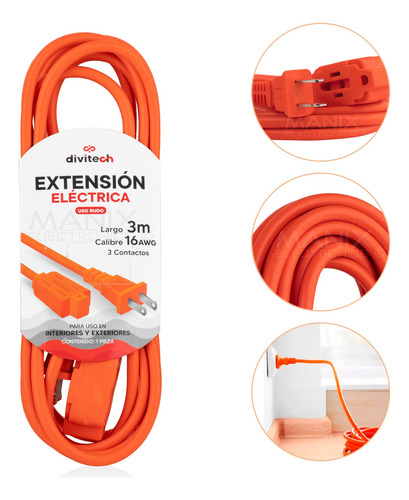 Extensión Eléctrica Uso Rudo Multicontacto 3 Metros Cable De Cobre Cal.16 Awg. Divitech® Color Naranja 3 Tomas De Corriente