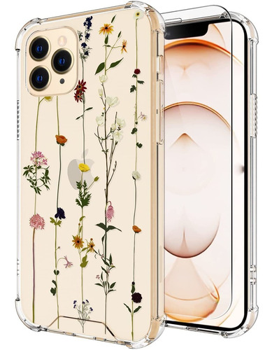 Funda Para iPhone 13 Pro 6.1 Transparente Flores Con Vidrio