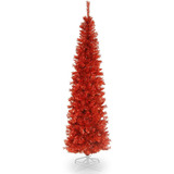 Árbol De Navidad Artificial Oropel Rojo Incluye Soporte 6ft