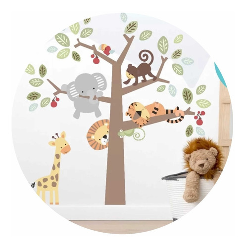 Vinilo Decorativo Infantil Arbol Con Animales Bebe 137x137