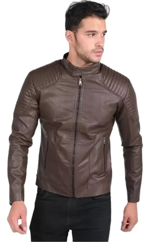 Chamarra Vini Piel Slim Fit Hombre Tipo Biker Café