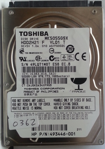 Disco Toshiba Mk5055gsx 500gb Sata 2.5 - 362 Recuperodatos