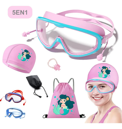 Kit 5en1 Googles Natacion Y Gorro De Baño Para Niños Y Niñas | MercadoLibre