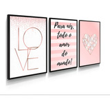 Kit 3 Quadros Love Frase Coração Rosa Minimalista 43x33cm