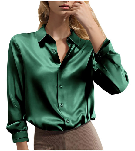 Versátil Blusa De Mujer De Manga Larga Con Solapa Satinada C