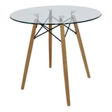 Mesa Oslo Cristal Redonda,  Base De Madera, 80 Cm 