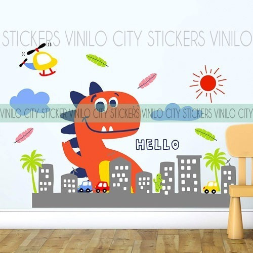 Vinil Decorativo Infantil Dinosaurio En La Ciudad 2mtx1.60 M