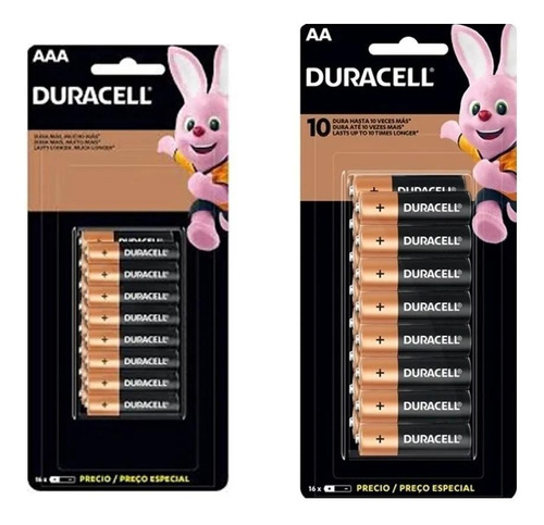 Kit Pilha Duracell Alcalina Cartela Aa 16 + Aaa 16 Alcalina