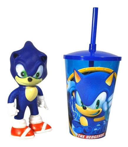 Kit Boneco Sonic Sega + Copo Twister Coponudo 480 Ml