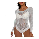 Body Manga Larga Con Strass Brillos Importado Cuello Cerrado