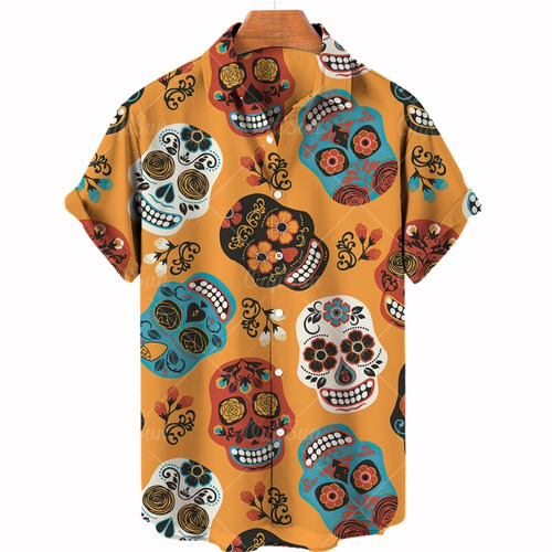 Camisa Casual Hawaiana Con Estampado De Calavera De Hombre