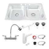 Fregadero Tarja Tina Doble Acero Inox 84x48 Con Kit Mez Flex