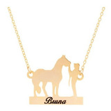 Colar Cavalo E Menina Personalizado Nome Folheado A Ouro 18k