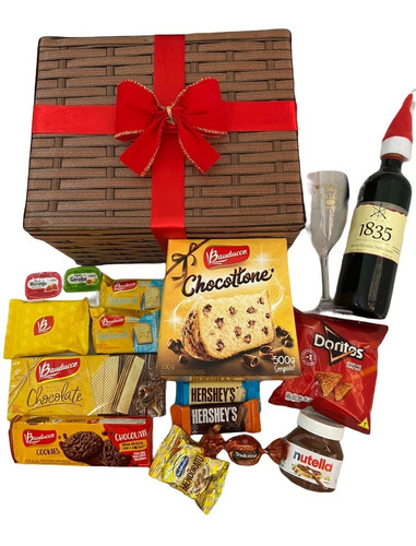 Cesta De Natal Kit Vinho Taça Chocotonne Grande Nutella 
