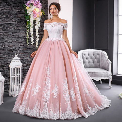 Vestido Noiva Cor Rosa Com Branco Linda Cauda Ombro A Ombro