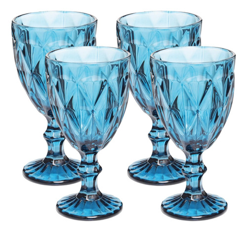 Conjunto 4 Copos Taça Azul Diamante 300ml Para Agua Vinho