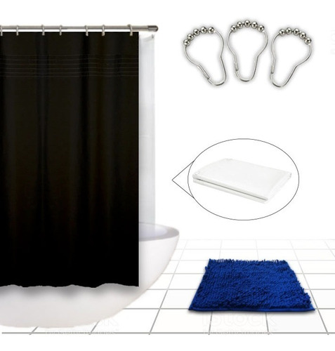 Combo Cortina Baño Diseño Teflon Protector Ganchos Alfombra 