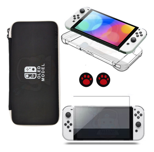 Estojo Bag + Película Vidro + Case + 2 Grip Para Switch Oled