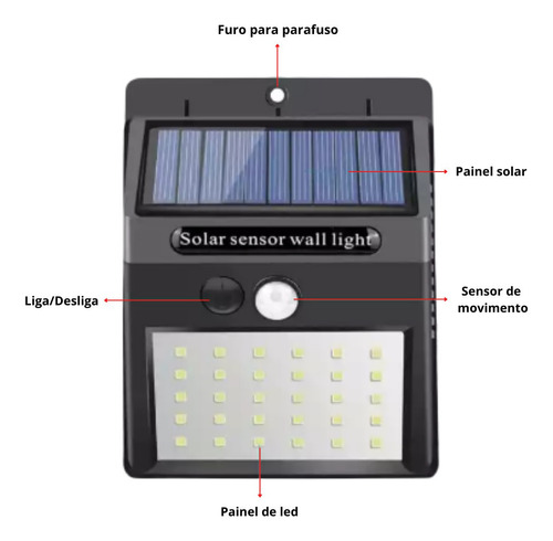 Arandela Solar 20 Leds Com Sensor Jardim Á Prova D'água Cor Preto