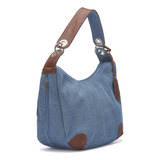 Bolsa Andrea Textil Casual Grande Para Mujer Azul Color Azul Acero Correa De Hombro Marrón Diseño De La Tela Mezclilla