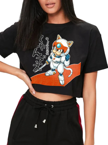 Playera Crop Top Gato Samurai Cats Anime Retro1