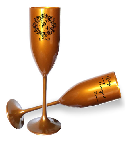 Taça Champagne 170ml Acrílico Dourada Personalizada 15pçs