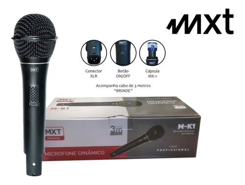 Microfone Dinâmico Profissional Mxt M-k1 Metal Fio 3m Od 5mm Cor Preto