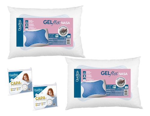 Kit 2 Travesseiros Duoflex Gelflex Nasa Antiácaro 50x70x14 + 2 Capas Protetora -  Frete Grátis