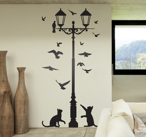 Vinilo Decorativo Pared Farola Gatos Palomas