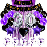 Combo Globos Kit Deco Feliz Cumple Morado Y Negro+cortina