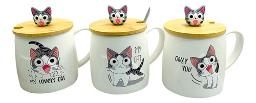 Mug Gato Chi Con Tapa De Madera + Cuchara